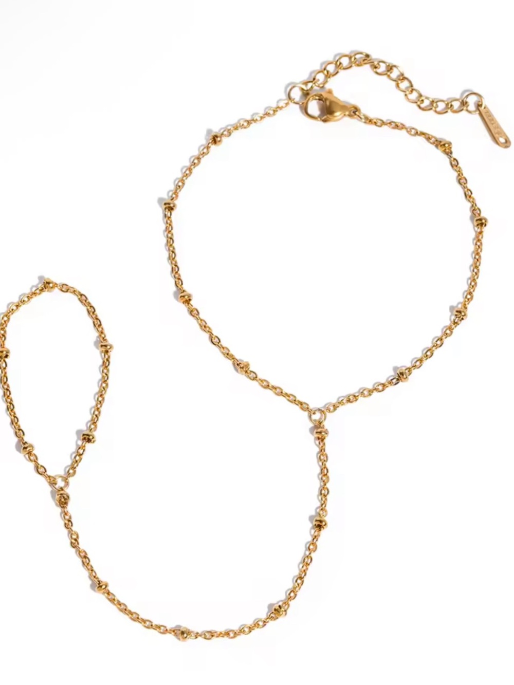Gold Hand Chain Bracelet with Beaded Link Accents